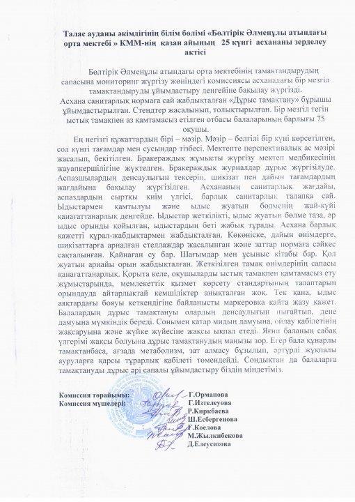 Бөлтірік Әлменұлы атындағы орта мектебінің қазан айының 25  күнгі асхананы зерделеу актісі