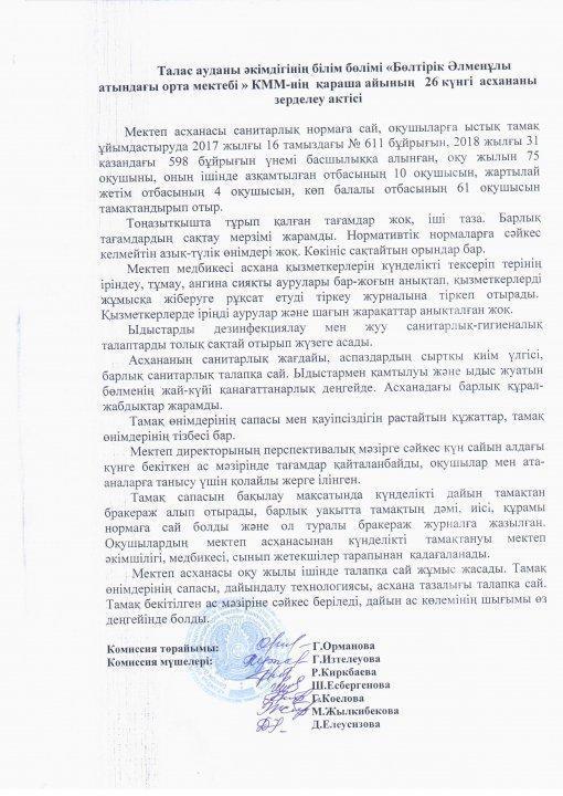 Бөлтірік Әлменұлы атындағы орта мектебінің қараша айының 26 күнгі асхананы зерделеу актісі